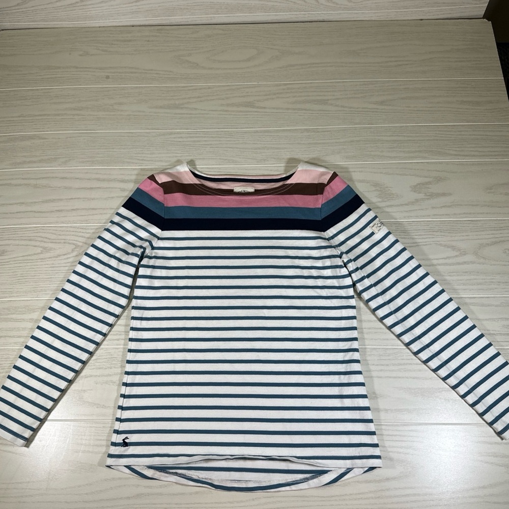 Joules White Navy Blue Pink Striped Long Sleeve Top